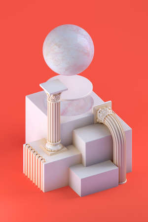3d rendering of still life with bent columns, marble sphere and simple cubic form on orange backgroundの写真素材