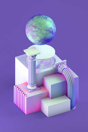 3d rendering of still life with bent columns, simple cubic form and stylized planet on purple backgroundの写真素材