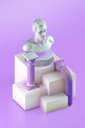 3d rendering of still life with bust statue, bent columns and simple cubic form on pink backgroundの写真素材