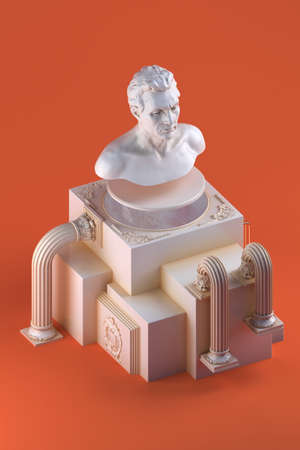 3d rendering of still life with bust statue, bent columns and simple cubic form on orange backgroundの写真素材