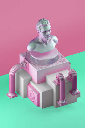3d rendering of still life with bust statue, bent columns and simple cubic form on splitted into pink and green color backgroundの写真素材