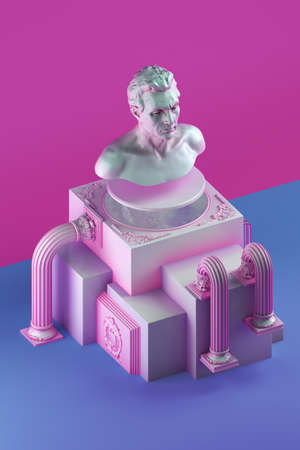 3d rendering of still life with bust statue, bent columns and simple cubic form on splitted into pink and blue color backgroundの写真素材