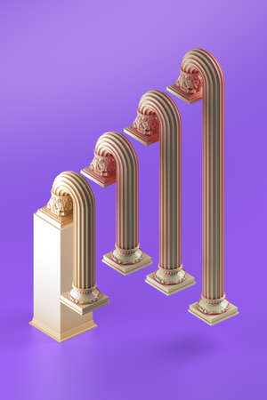 3d rendering of different height bent columns on purple backgroundの写真素材