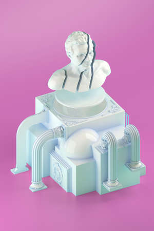 3d rendering of still life with shattered bust statue, bent columns and simple cubic form on pink backgroundの写真素材