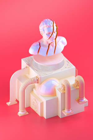 3d rendering of still life with shattered bust statue, bent columns and simple cubic form on red backgroundの写真素材