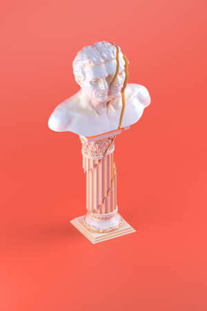 3d rendering of shattered bust statue placed on shattered column on orange backgroundの写真素材