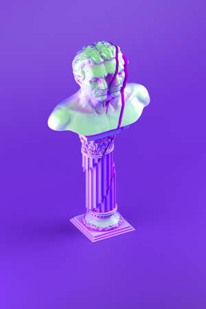 3d rendering of shattered bust statue placed on shattered column on violet backgroundの写真素材