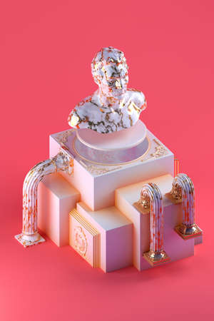 3d rendering of still life with brass marble bust statue, bent columns and simple cubic form on red backgroundの写真素材