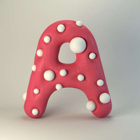 3d rendering of plasticine handmade font. Cute cartoon children's style figures with white polka dots. Bright red uppercase letter A, isolated on white background.の写真素材
