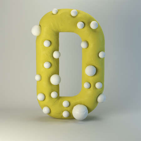 3d rendering of plasticine handmade font. Cute cartoon children's style figures with white polka dots. Bright red uppercase letter D, isolated on white background.の写真素材
