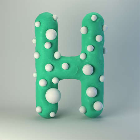 3d rendering of plasticine handmade font. Cute cartoon children's style figures with white polka dots. Bright red uppercase letter H, isolated on white background.の写真素材