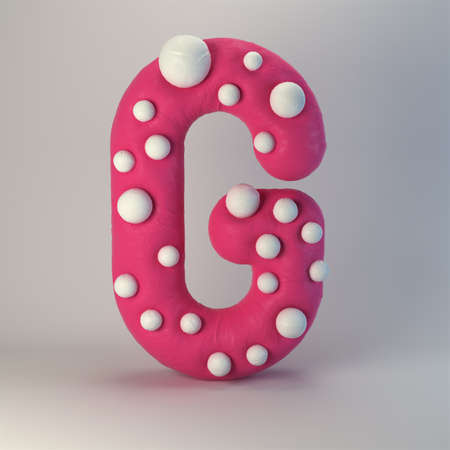 3d rendering of plasticine handmade font. Cute cartoon children's style figures with white polka dots. Bright red uppercase letter G, isolated on white background.の写真素材