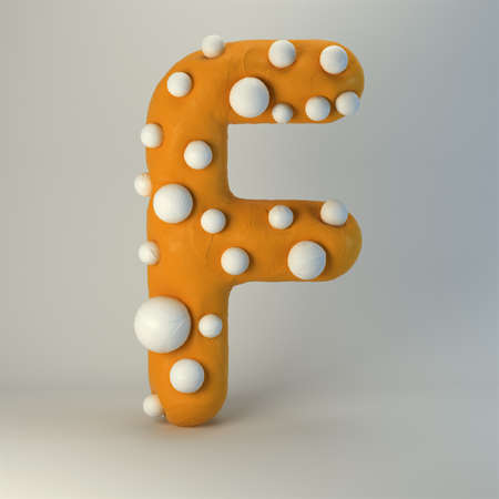 3d rendering of plasticine handmade font. Cute cartoon children's style figures with white polka dots. Bright red uppercase letter F, isolated on white background.の写真素材