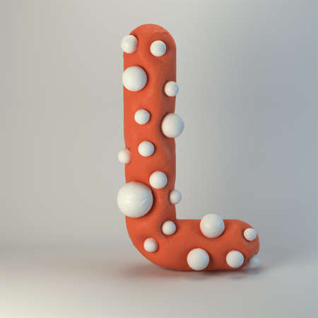 3d rendering of plasticine handmade font. Cute cartoon children's style figures with white polka dots. Bright red uppercase letter L, isolated on white background.の写真素材