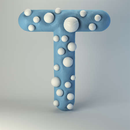 3d rendering of plasticine handmade font. Cute cartoon children's style figures with white polka dots. Bright red uppercase letter T, isolated on white background.の写真素材