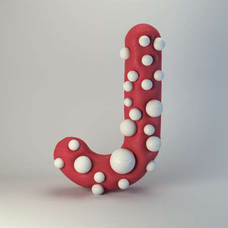 3d rendering of plasticine handmade font. Cute cartoon children's style figures with white polka dots. Bright red uppercase letter J, isolated on white background.の写真素材