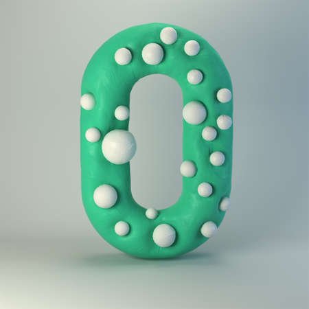 3d rendering of plasticine handmade font. Cute cartoon children's style figures with white polka dots. Bright red uppercase letter O, isolated on white background.の写真素材