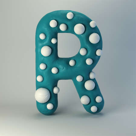 3d rendering of plasticine handmade font. Cute cartoon children's style figures with white polka dots. Bright red uppercase letter R, isolated on white background.の写真素材