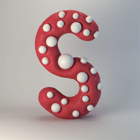 3d rendering of plasticine handmade font. Cute cartoon children's style figures with white polka dots. Bright red uppercase letter S, isolated on white background.の写真素材