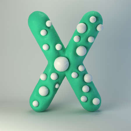 3d rendering of plasticine handmade font. Cute cartoon children's style figures with white polka dots. Bright red uppercase letter X, isolated on white background.の写真素材