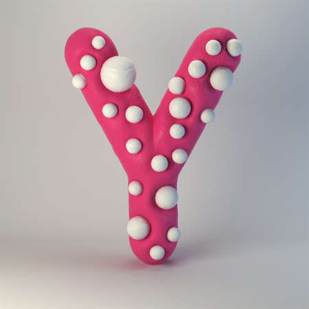 3d rendering of plasticine handmade font. Cute cartoon children's style figures with white polka dots. Bright red uppercase letter Y, isolated on white background.の写真素材