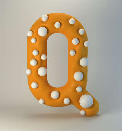 3d rendering of plasticine handmade font. Cute cartoon children's style figures with white polka dots. Bright red uppercase letter Q, isolated on white background.の写真素材