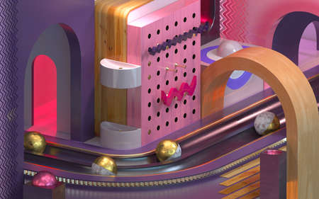 3d rendered abstract city with brass balls in canals and wooden elementsの写真素材