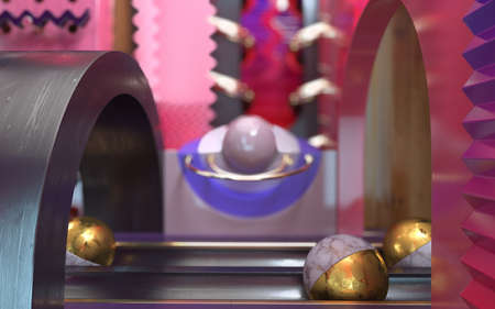 3d rendered abstraction with brass balls in canals and wooden elements with blured backgroundの写真素材