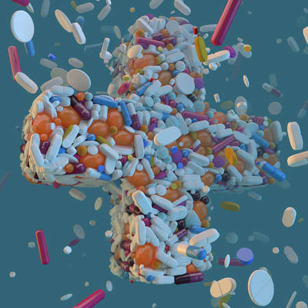 3d rendered pharmacy cross fulfilled with different type of pills in blue liquedの写真素材
