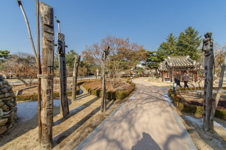 Korean traditional totem pole jangseung at National Folk Museum of Korea,Seoul,Koreaのeditorial素材