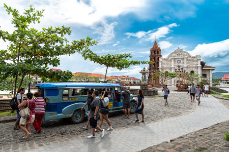 Bataan,Philippines - Jun 30,2018 : Tourists ride on jeepney at Las casas filipinasのeditorial素材