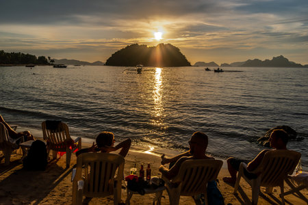 Beautiful sunset on the Maremegmeg Beach at El Nido, Palawan, Philippinesのeditorial素材