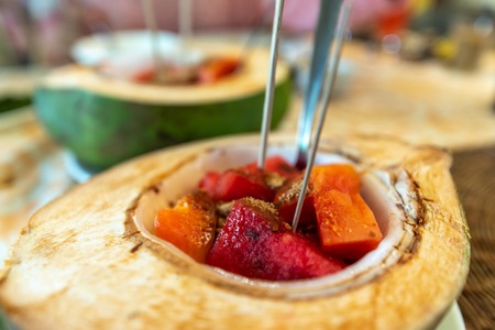 Filipino Style desert - Coconut with Watermelon and Papaya, Philippinesの写真素材