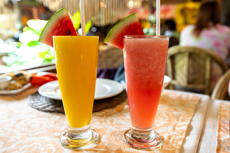 Mango shake and watermelon shake on the table, Philippinesの写真素材