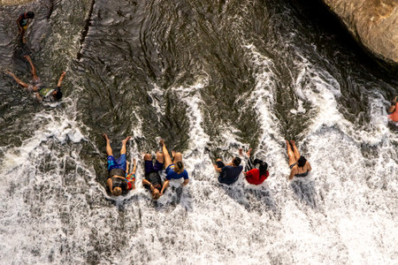 June 15,2019 People enjoying a dip in a Wawa dam, Rizal Province, Philippinesのeditorial素材