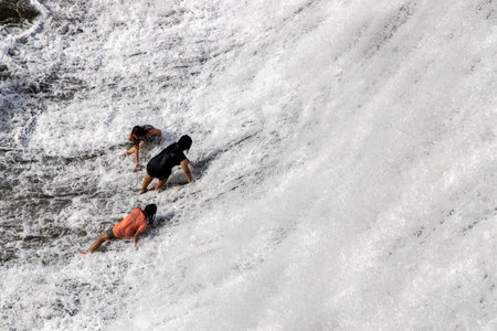 June 15,2019 People enjoying a dip in a Wawa dam, Rizal Province, Philippinesのeditorial素材