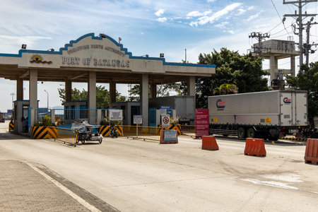 Aug 10, 2019 Lorries waiting at the Batangas port entrance for cargo inspection,Batangas city,...