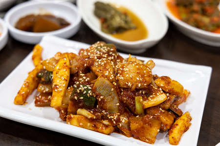 Korean Food Spicy pork and Squid at Restaurantの写真素材