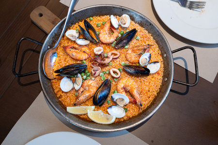 Paella with seafood, traditional spanish dish made of rice and seafoodの写真素材