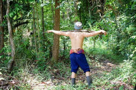 Asian man farmer carrying a rifle walks along in the forest background. Hunting and the way of life of rural people in Thailand concept.の写真素材