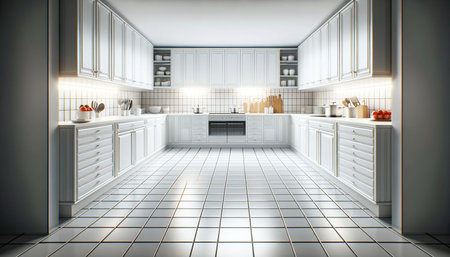 3d render of a modern kitchen interior with white tile floor.の素材