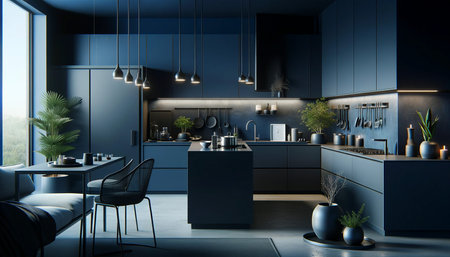 3d rendering of dark modern kitchen interior design in scandinavian styleの素材