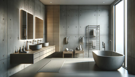 3d rendering of modern bathroom with wooden walls, concrete floor and gray bathtubの素材