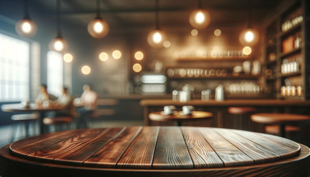 Empty wooden table and Coffee shop blur background with bokeh image.の素材