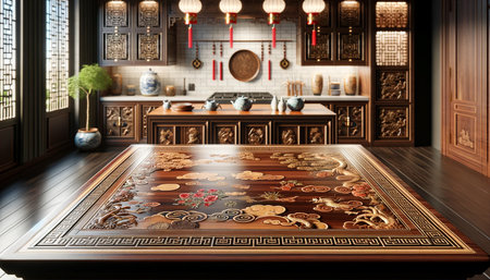 3D rendering of a wooden table in a chinese style roomの素材