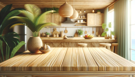 Wooden table in modern kitchen interior. Mock up, 3D Renderingの素材