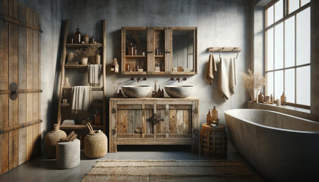 Bathroom interior with bathtub and shelves with towels. 3d renderの素材