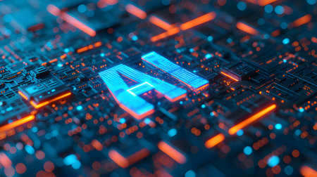 Close-up of a glowing neon alphabets on a computer motherboardの素材