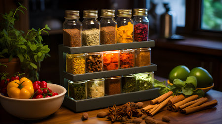 Spices and herbs in glass jars on a wooden table in the kitchenの素材