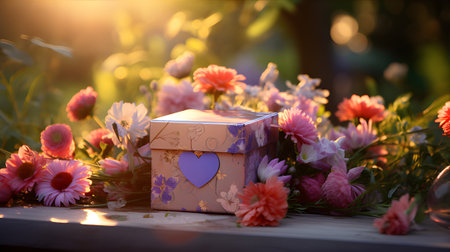 Gift box with a heart on the background of flowers in the gardenの素材